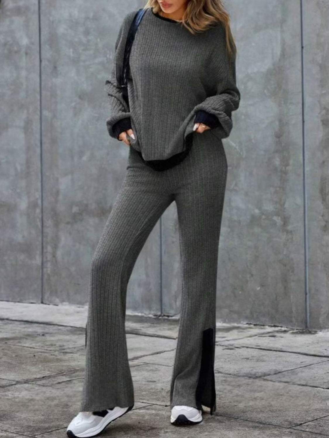 Contrast Round Neck Long Sleeve Top and Bootcut Pants Set - Trendsi - Flyclothing LLC
