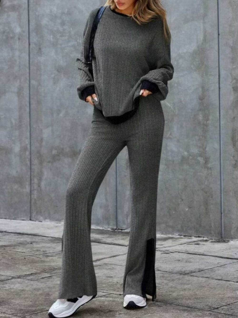 Contrast Round Neck Long Sleeve Top and Bootcut Pants Set - Trendsi - Flyclothing LLC