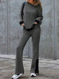 Contrast Round Neck Long Sleeve Top and Bootcut Pants Set - Trendsi - Flyclothing LLC