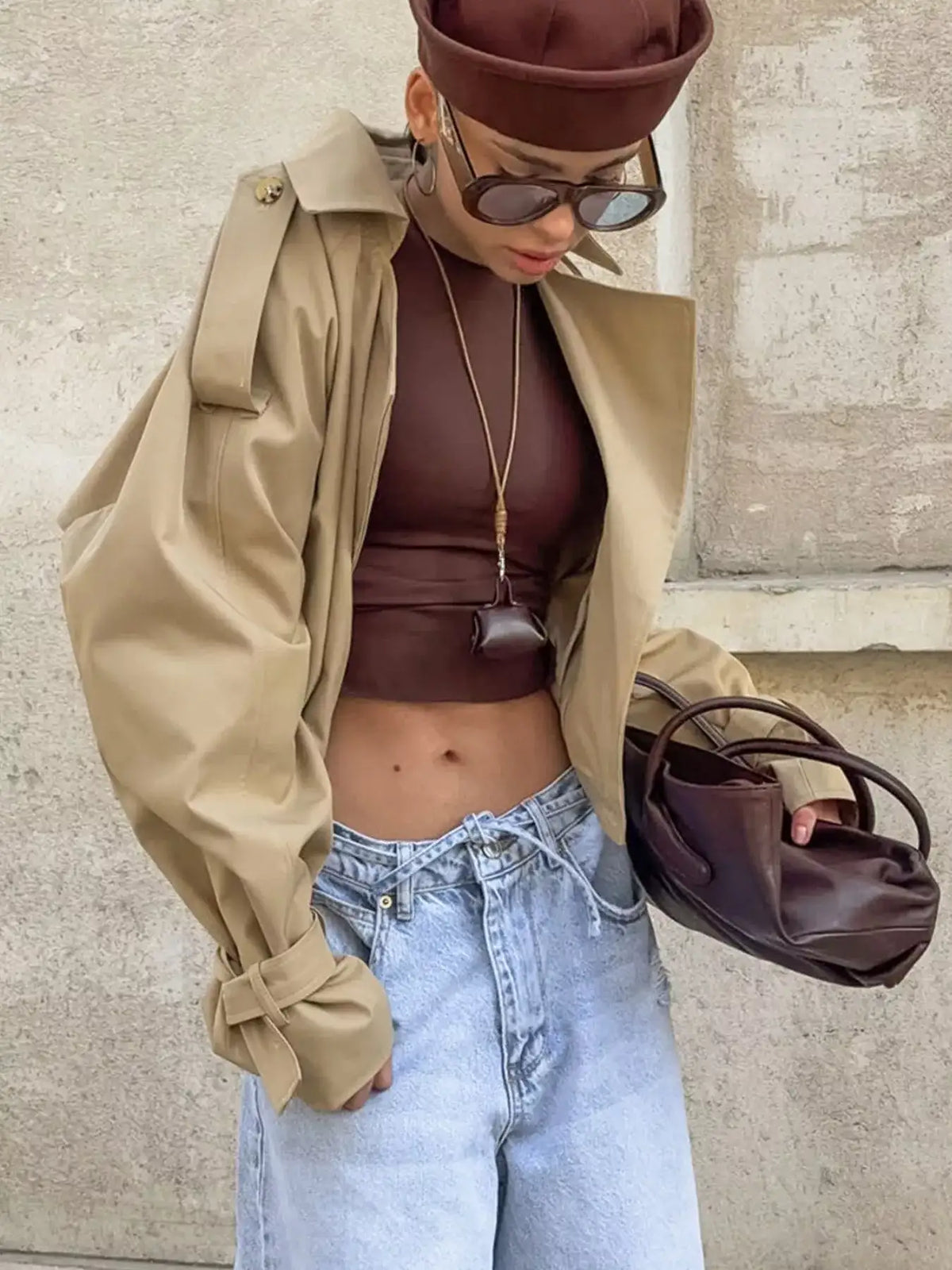 Wide Lapel Cropped Trench Coat - Trendsi - Flyclothing LLC