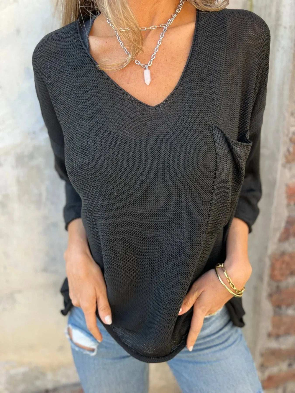 Full Size Casual V-Neck Knit Sweater Plus Size - Trendsi - Flyclothing LLC