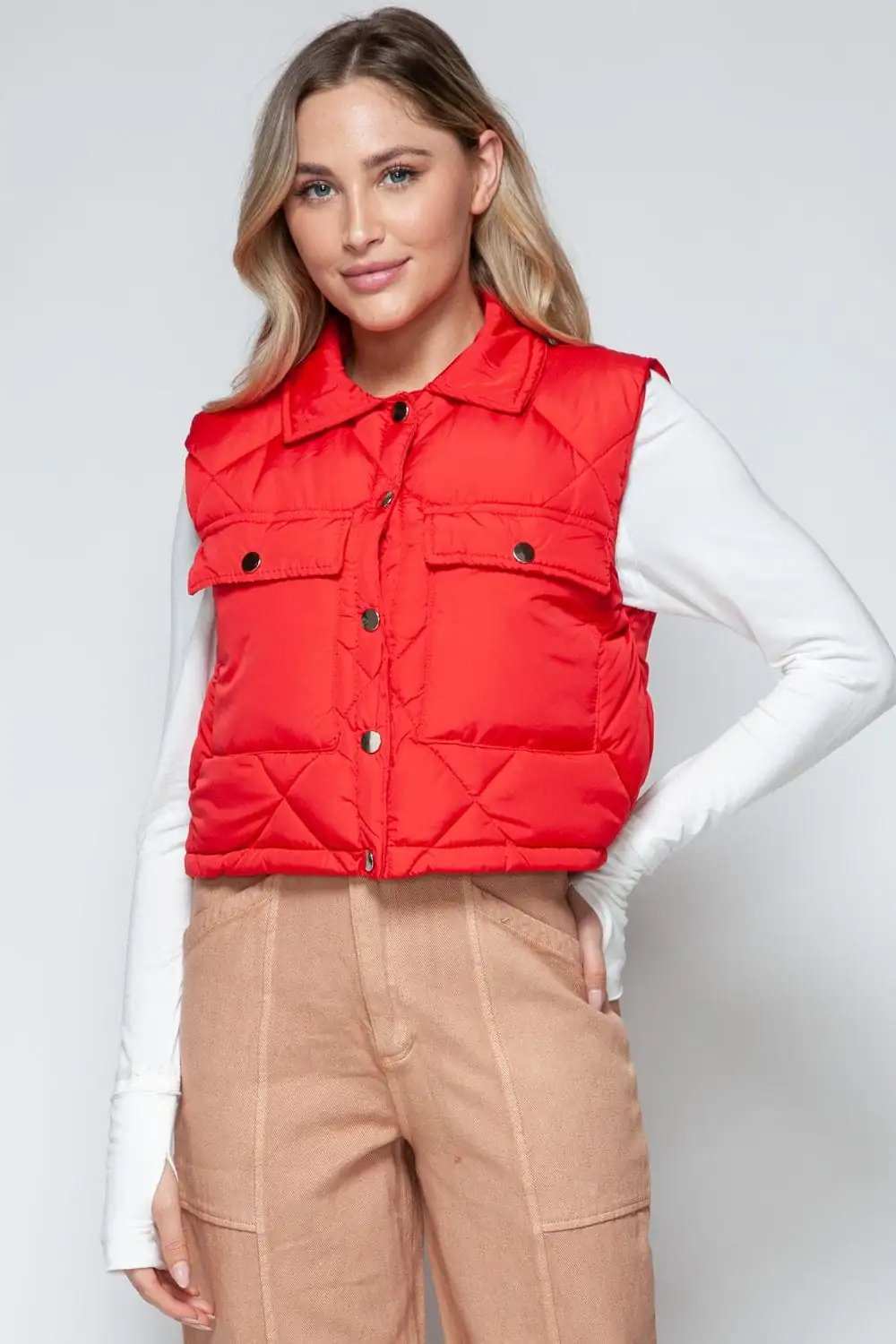 Snobbish Snap Down Quilted Crop Vest - Trendsi - Flyclothing LLC