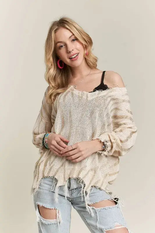 ADORA Frayed Zebra Knit Top - Trendsi - Flyclothing LLC