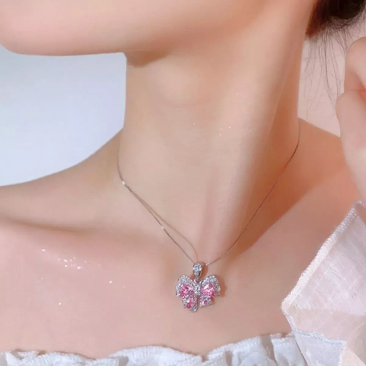 Zircon Bow Pendant Necklace - Trendsi - Flyclothing LLC