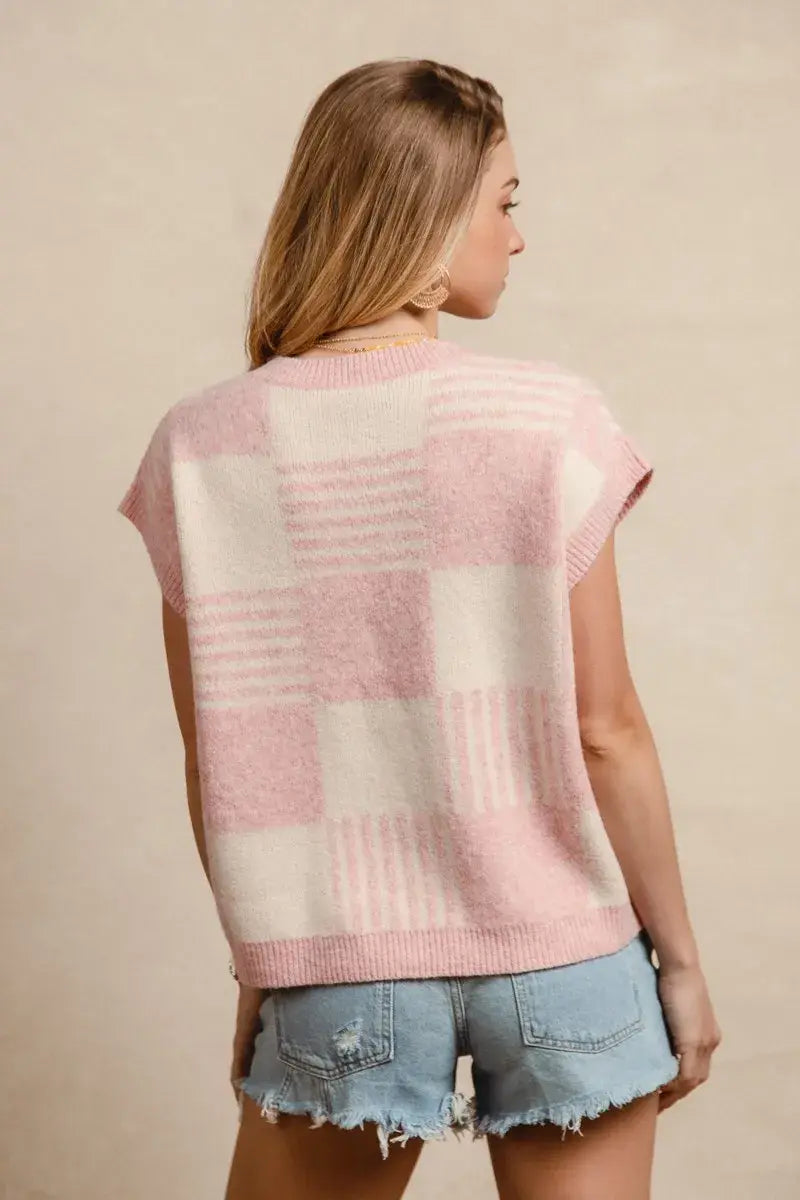 BiBi Checker With Stripes Pattern Sleeveless Sweater - Trendsi - Flyclothing LLC