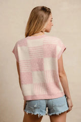 BiBi Checker With Stripes Pattern Sleeveless Sweater - Trendsi - Flyclothing LLC