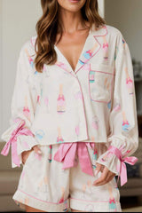 Bow Printed Collared Neck Top and Drawstring Shorts Lounge Set - Trendsi - Flyclothing LLC