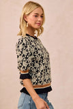 BiBi Textured Rose Knit Top Contrast Banded Puff Sleeve - Trendsi - Flyclothing LLC