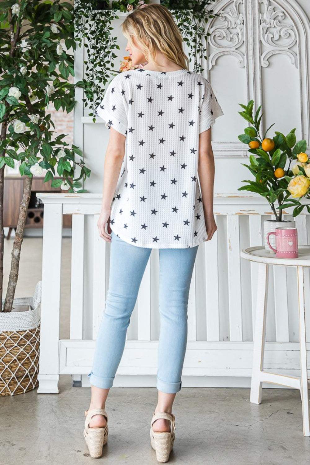 Heimish Full Size Star Print Short Sleeve V-Neck Waffle Knit T-Shirt - Trendsi - Flyclothing LLC