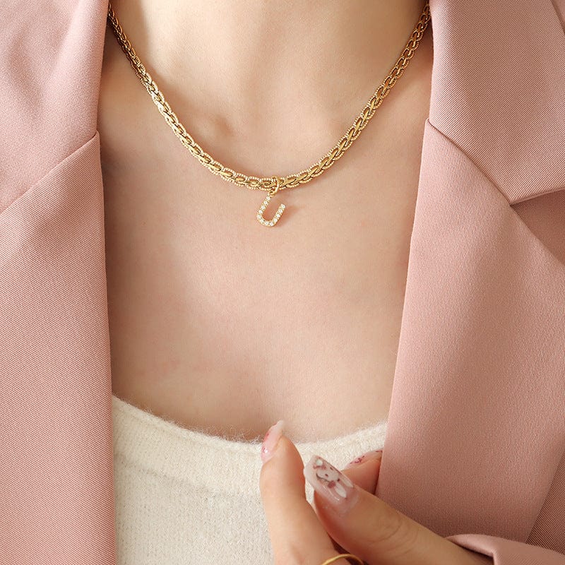 Brass Inlaid Zircon Letter Pendant Necklace - Trendsi