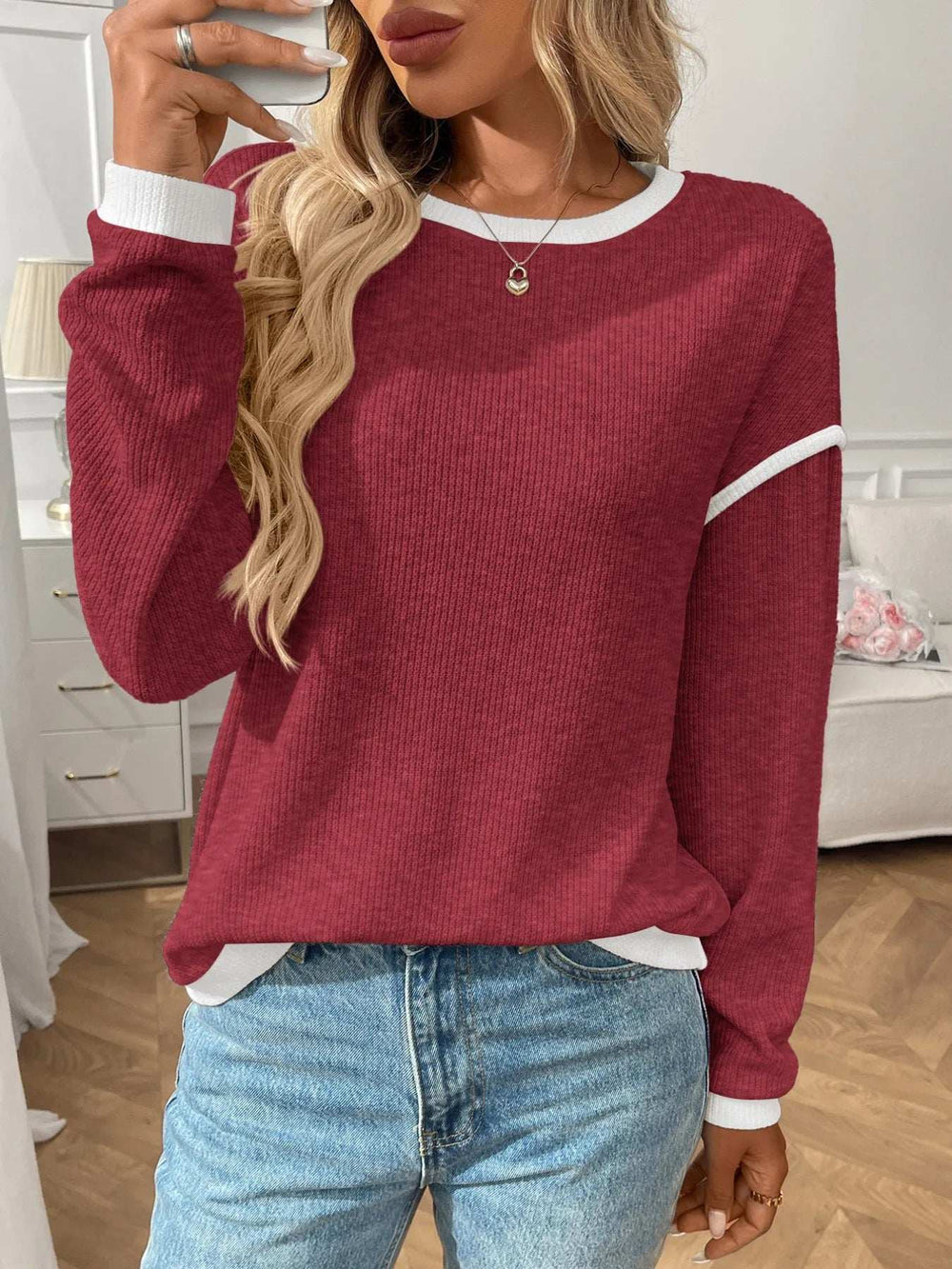Ribbed Contrast Trim Long Sleeve Top - Trendsi - Flyclothing LLC