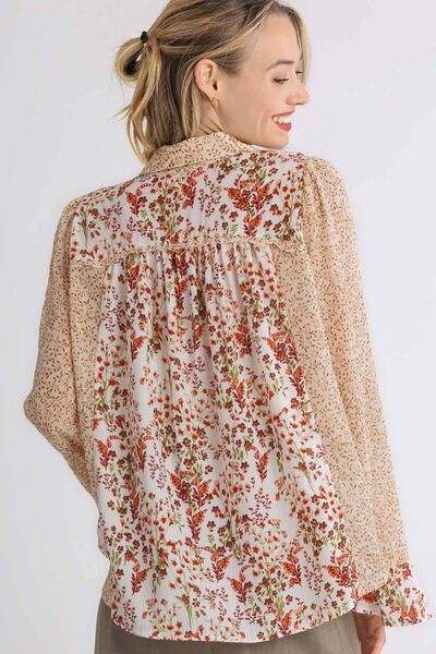 Umgee Full Size Mixed Print Metallic Detail Long Ruffle Sleeve Button Down Shirt Plus Size - Trendsi - Flyclothing LLC
