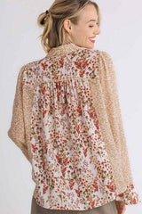 Umgee Full Size Mixed Print Metallic Detail Long Ruffle Sleeve Button Down Shirt Plus Size - Trendsi - Flyclothing LLC