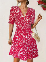 Printed V-Neck Short Sleeve Mini Dress - Trendsi - Flyclothing LLC