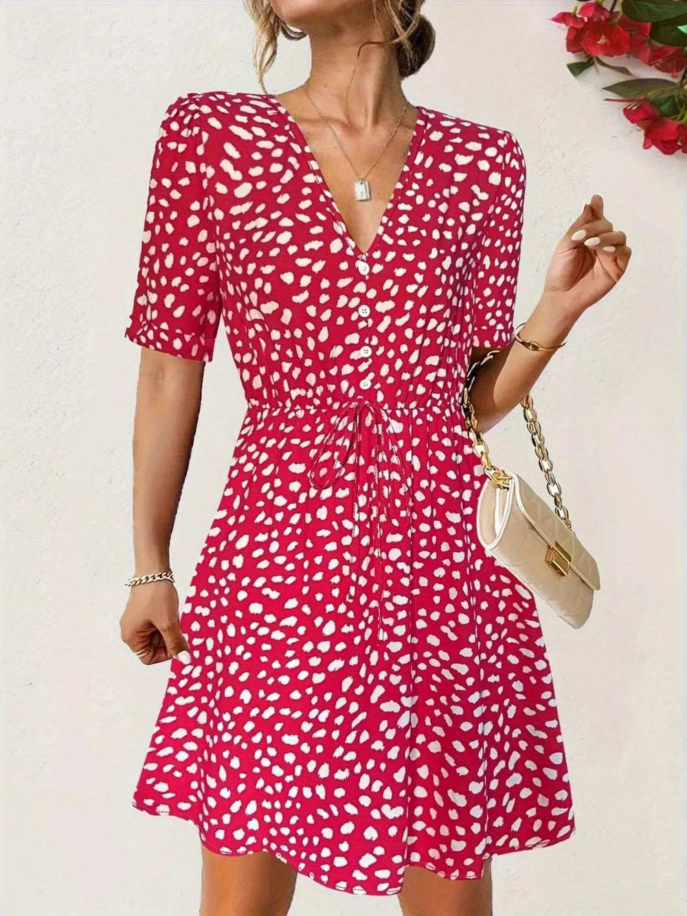 Printed V-Neck Short Sleeve Mini Dress - Trendsi