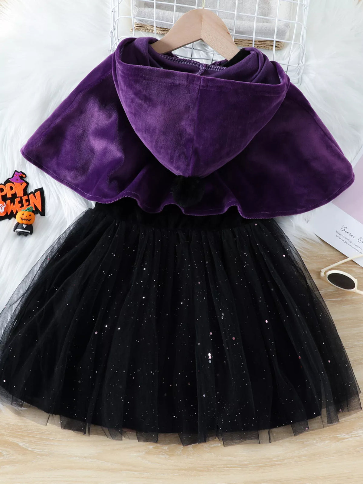 Children's Velvet Hooded Cape and Tulle Dress Halloween Witch Costume Set - Trendsi - Flyclothing LLC