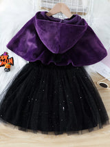Children's Velvet Hooded Cape and Tulle Dress Halloween Witch Costume Set - Trendsi - Flyclothing LLC