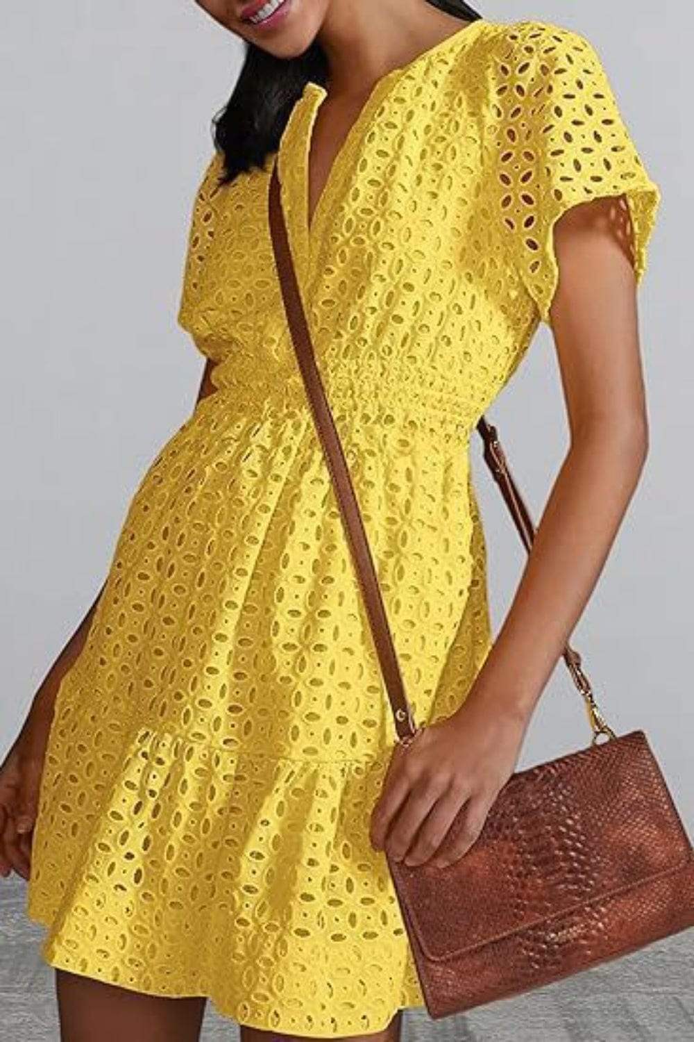 Eyelet Notched Short Sleeve Mini Dress - Trendsi - Flyclothing LLC