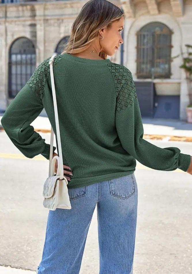 Lace Detail Round Neck Lantern Sleeve Top - Trendsi - Flyclothing LLC