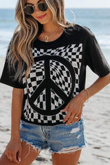 Checkered Peace Sign Round Neck T-Shirt - Trendsi - Flyclothing LLC