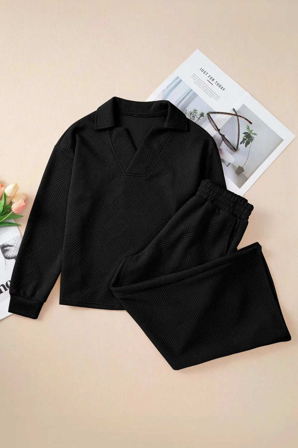 Textured Long Sleeve Top and Drawstring Pants Set - Trendsi - Flyclothing LLC