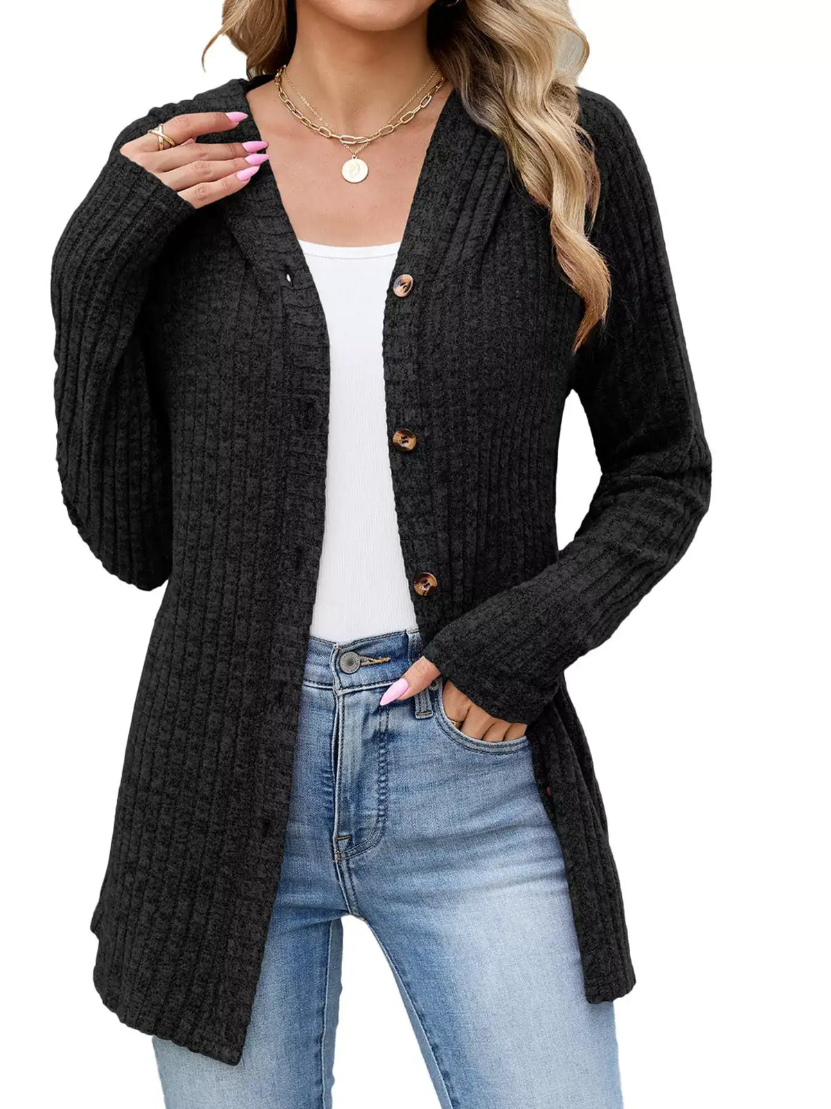 Ribbed Knit Hooded Button-Down Cardigan - Trendsi - Flyclothing LLC