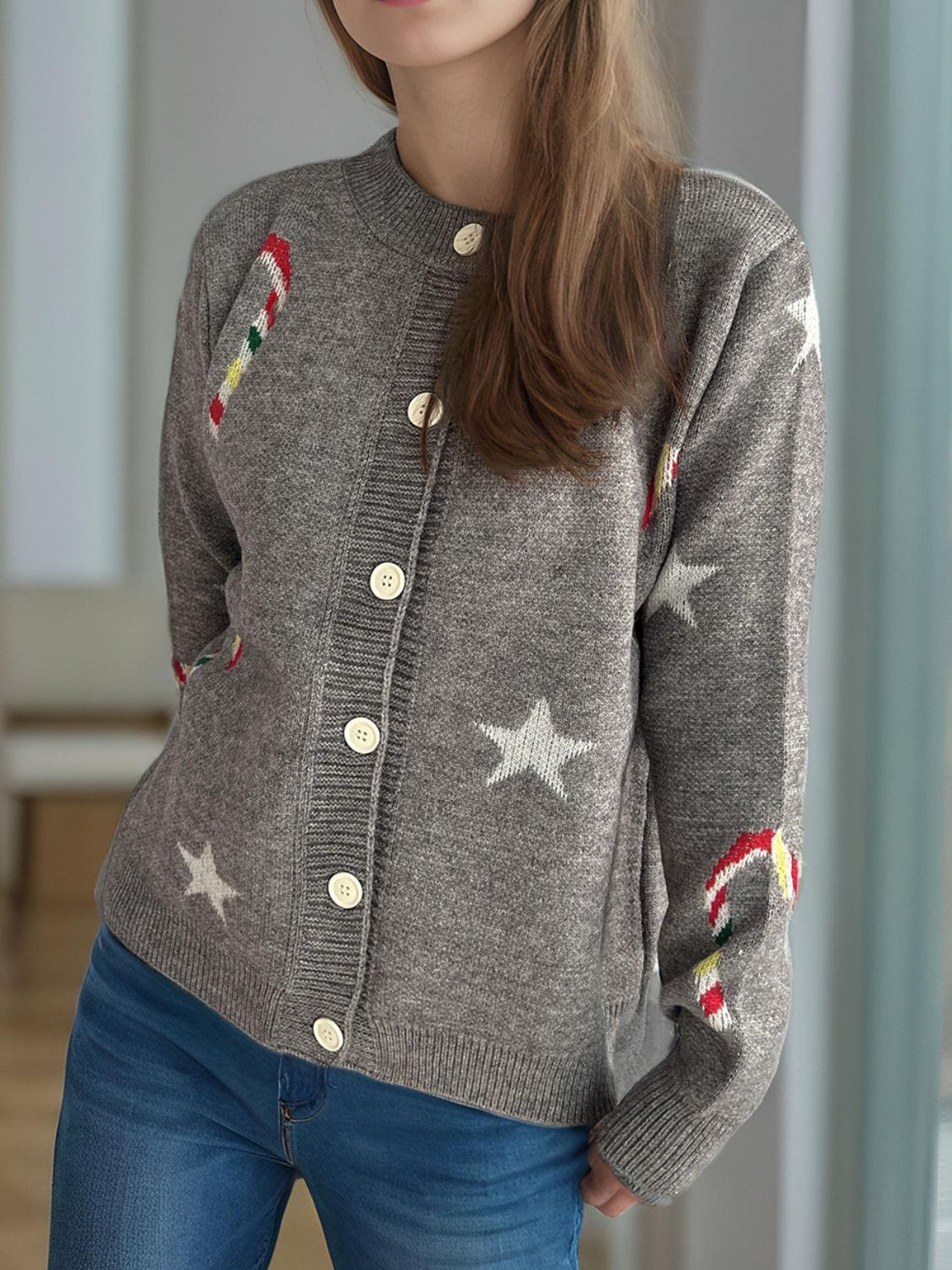 Candy Cane & Star Button Down Long Sleeve Cardigan - Trendsi