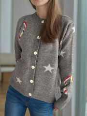Candy Cane & Star Button Down Long Sleeve Cardigan - Trendsi