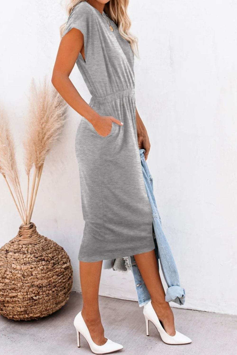 Pocketed Round Neck Cap Sleeve Dress - Trendsi - Flyclothing LLC