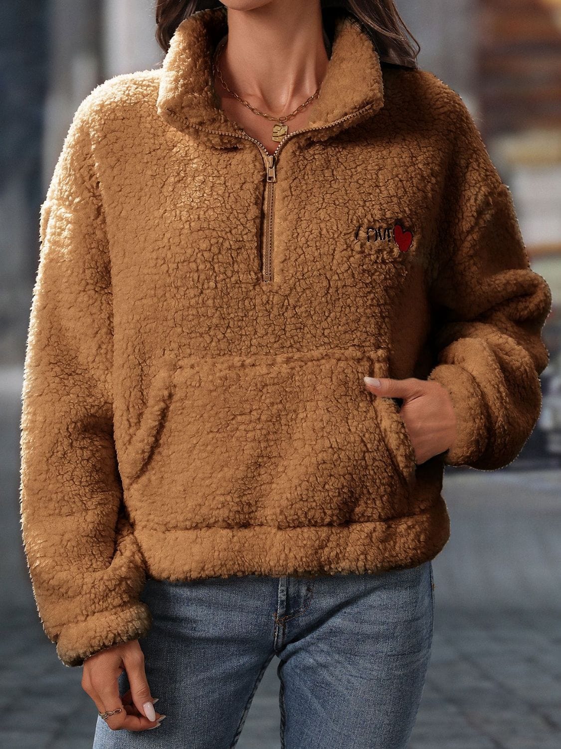Heart Half Zip Long Sleeve Teddy Sweatshirt - Trendsi