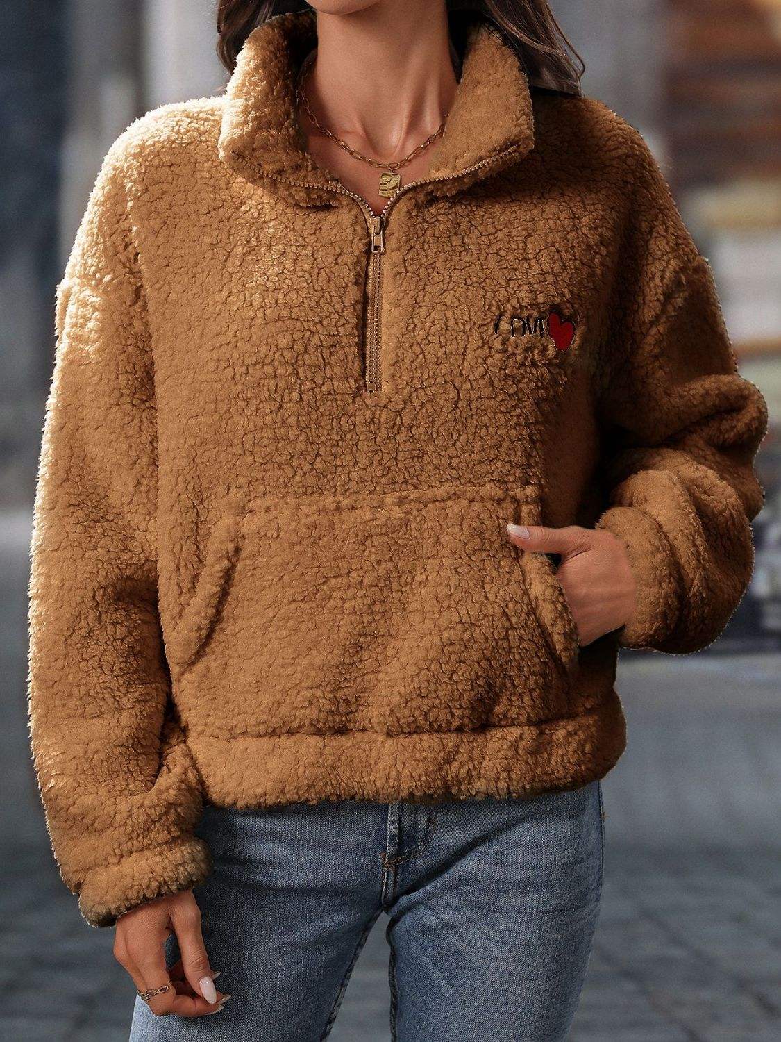 Heart Half Zip Long Sleeve Teddy Sweatshirt - Trendsi - Flyclothing LLC
