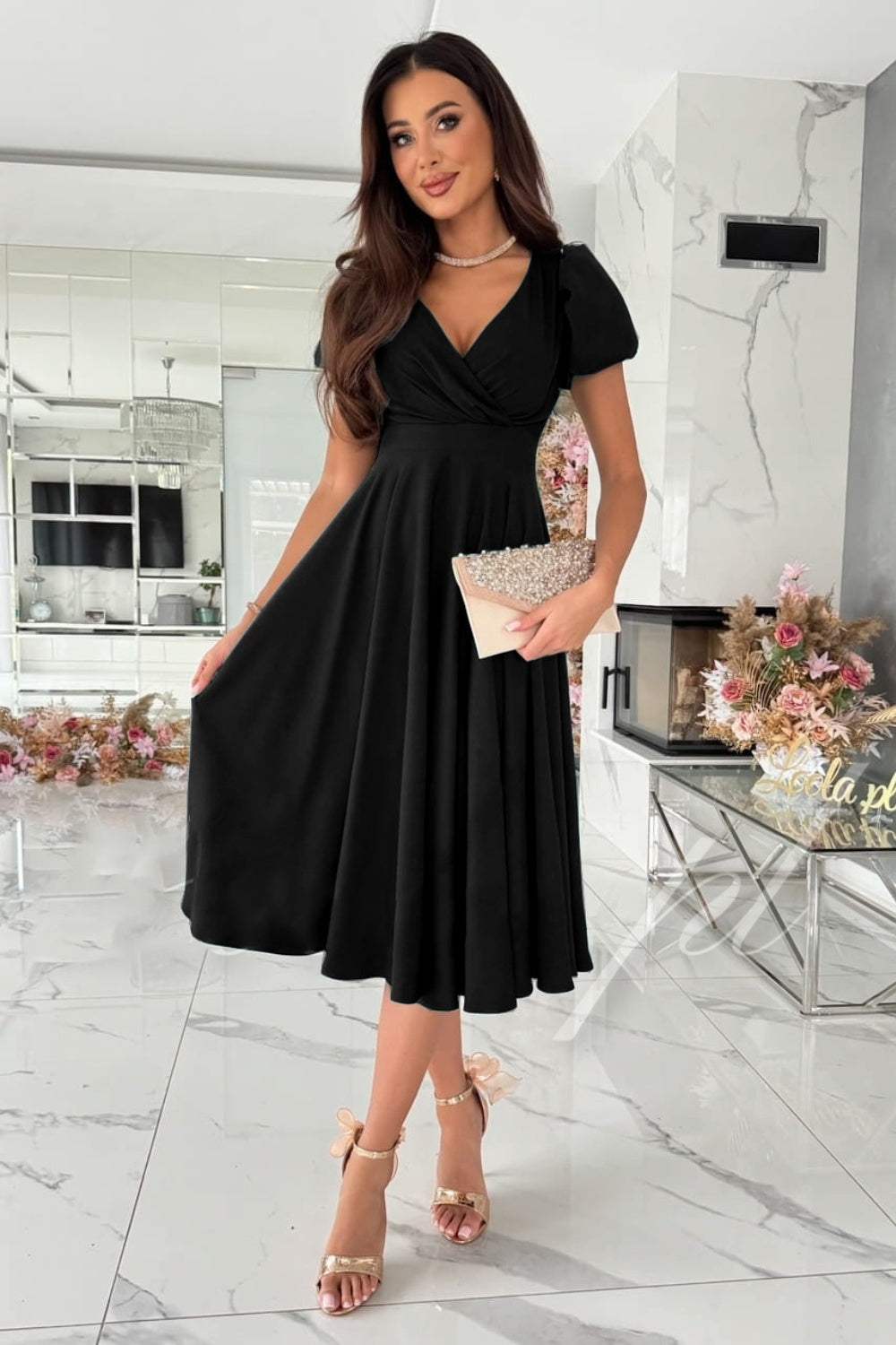 Surplice Puff Sleeve Midi Dress - Trendsi - Flyclothing LLC