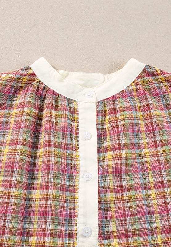 Mulit-Color Plaid Round Neck Long Sleeve Blouse - Trendsi - Flyclothing LLC