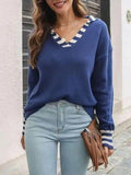 Striped Trim Drop Shoulder Sweater - Trendsi