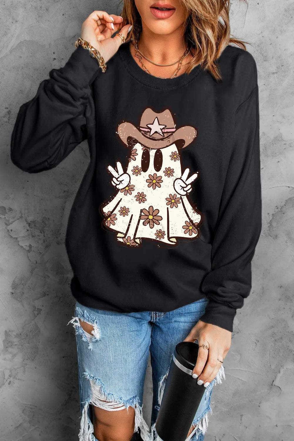 Ghost Round Neck Long Sleeve Sweatshirt - Trendsi - Flyclothing LLC