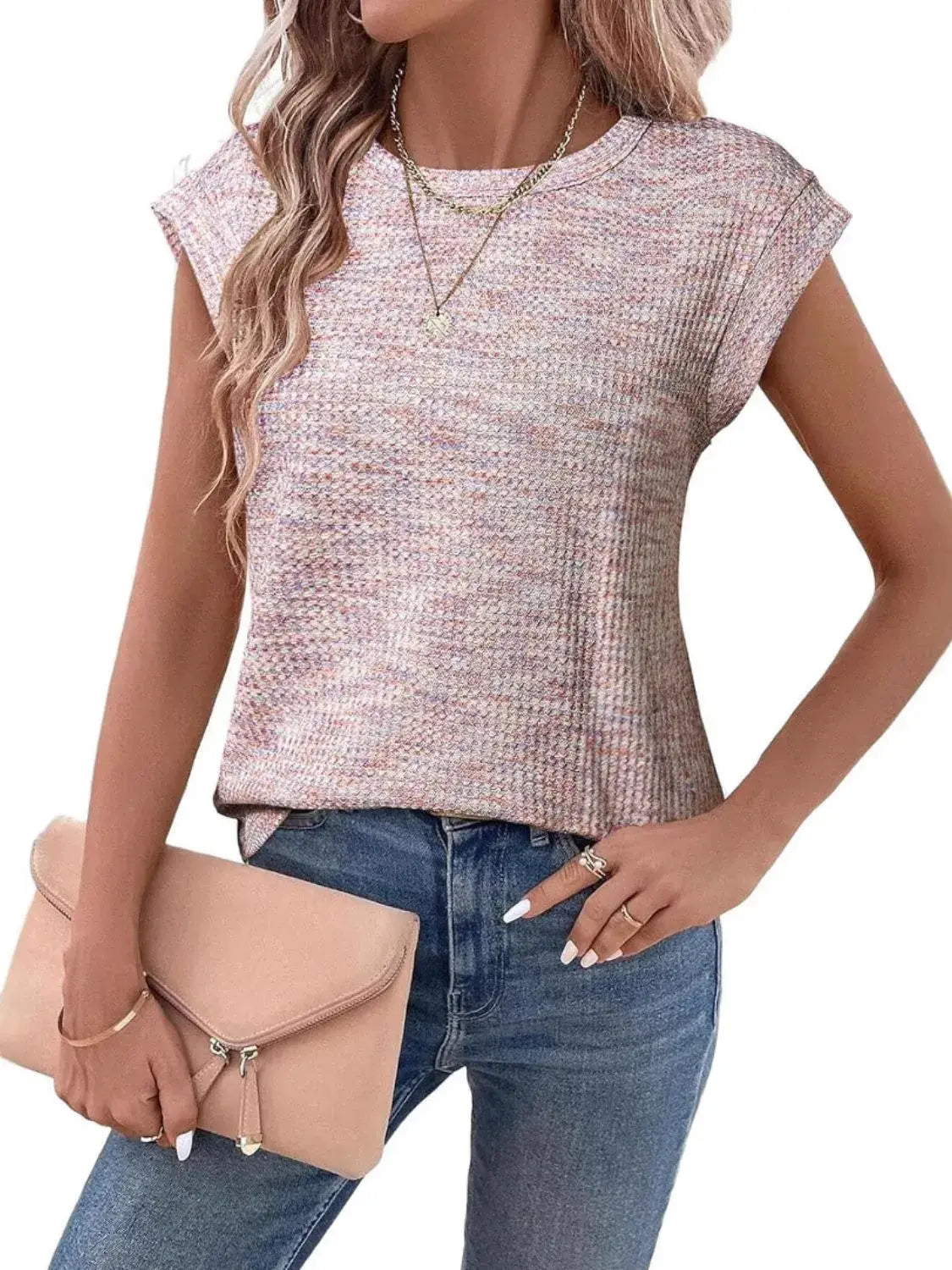 Round Neck Knit Cap Sleeve Top - Trendsi - Flyclothing LLC