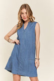 ADORA Notched Sleeveless Denim Dress with Pockets - Trendsi