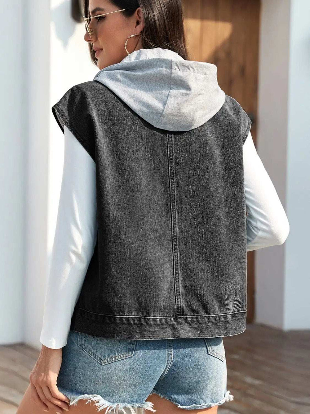 Drawstring Button Up Sleeveless Denim Jacket - Trendsi - Flyclothing LLC