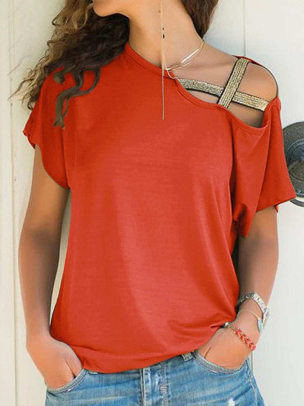 Asymmetrical Neck Short Sleeve T-Shirt - Trendsi - Flyclothing LLC