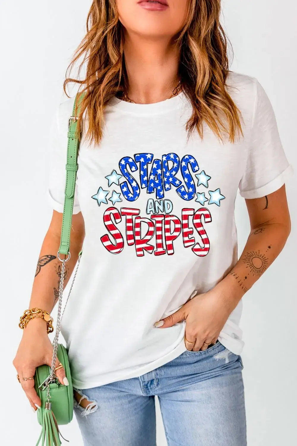 Stars and Stripes Round Neck Short Sleeve T Shirt - Trendsi - Flyclothing LLC