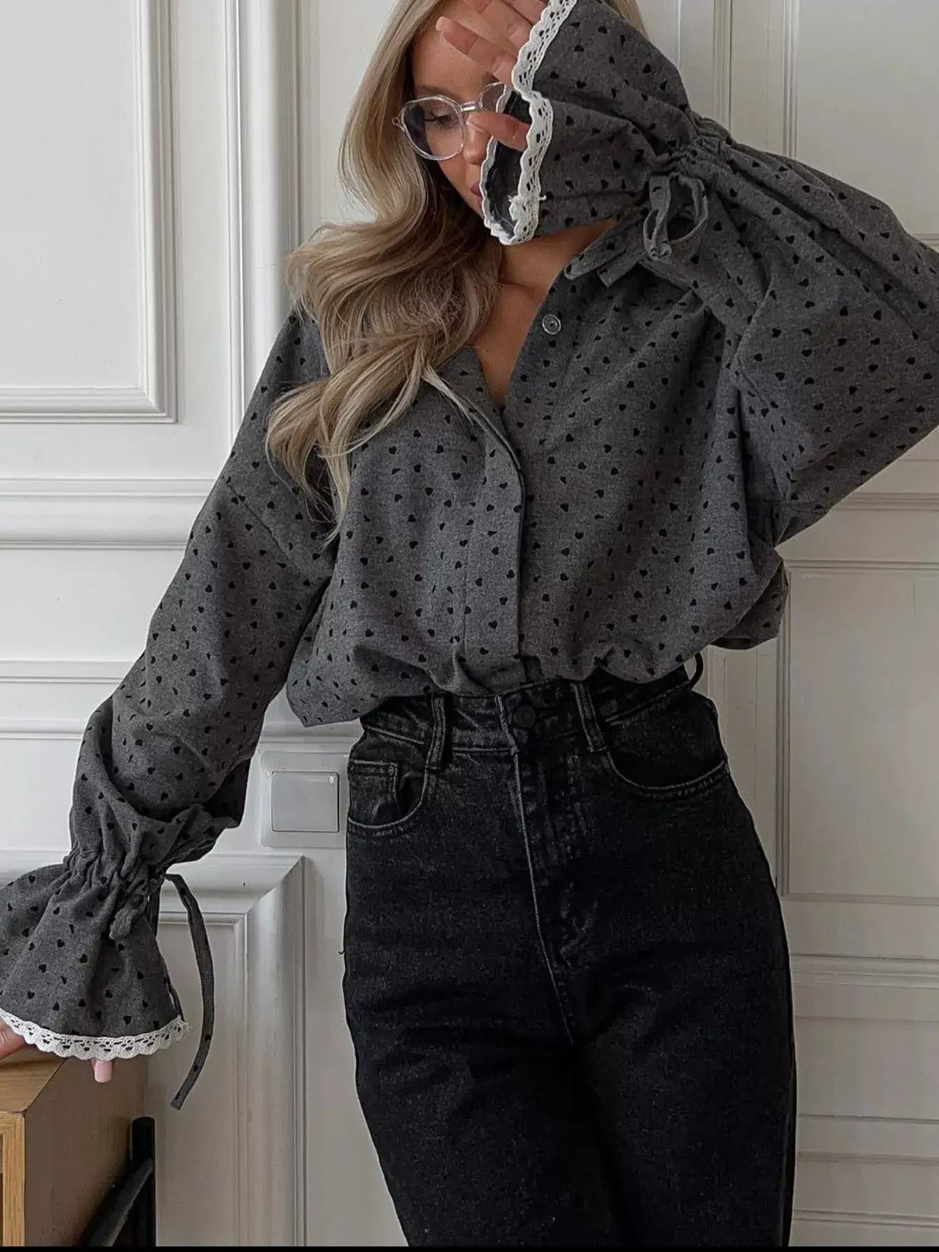 Heart Print Button Up Flounce Sleeve Shirt - Trendsi - Flyclothing LLC