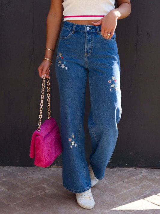 Embroidered Straight Jeans with Pockets - Trendsi