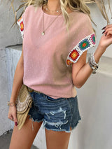 Devine Swiss Dot Round Neck Crochet Short Sleeve Top - Trendsi - Flyclothing LLC