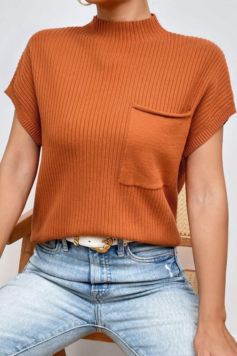 Mock Neck Sweater Vest with Chest Pocket - Trendsi - Flyclothing LLC