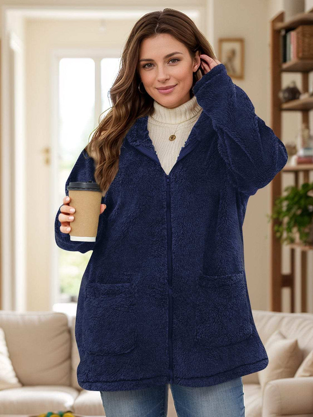 Plus Size Zip Up Long Sleeve Hooded Outerwear - Trendsi - Flyclothing LLC