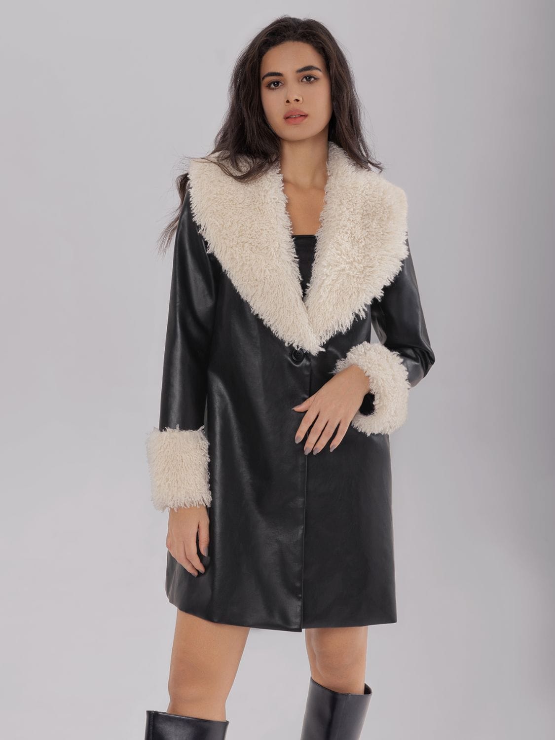 Fuzzy Long Sleeve Longline Coat - Trendsi