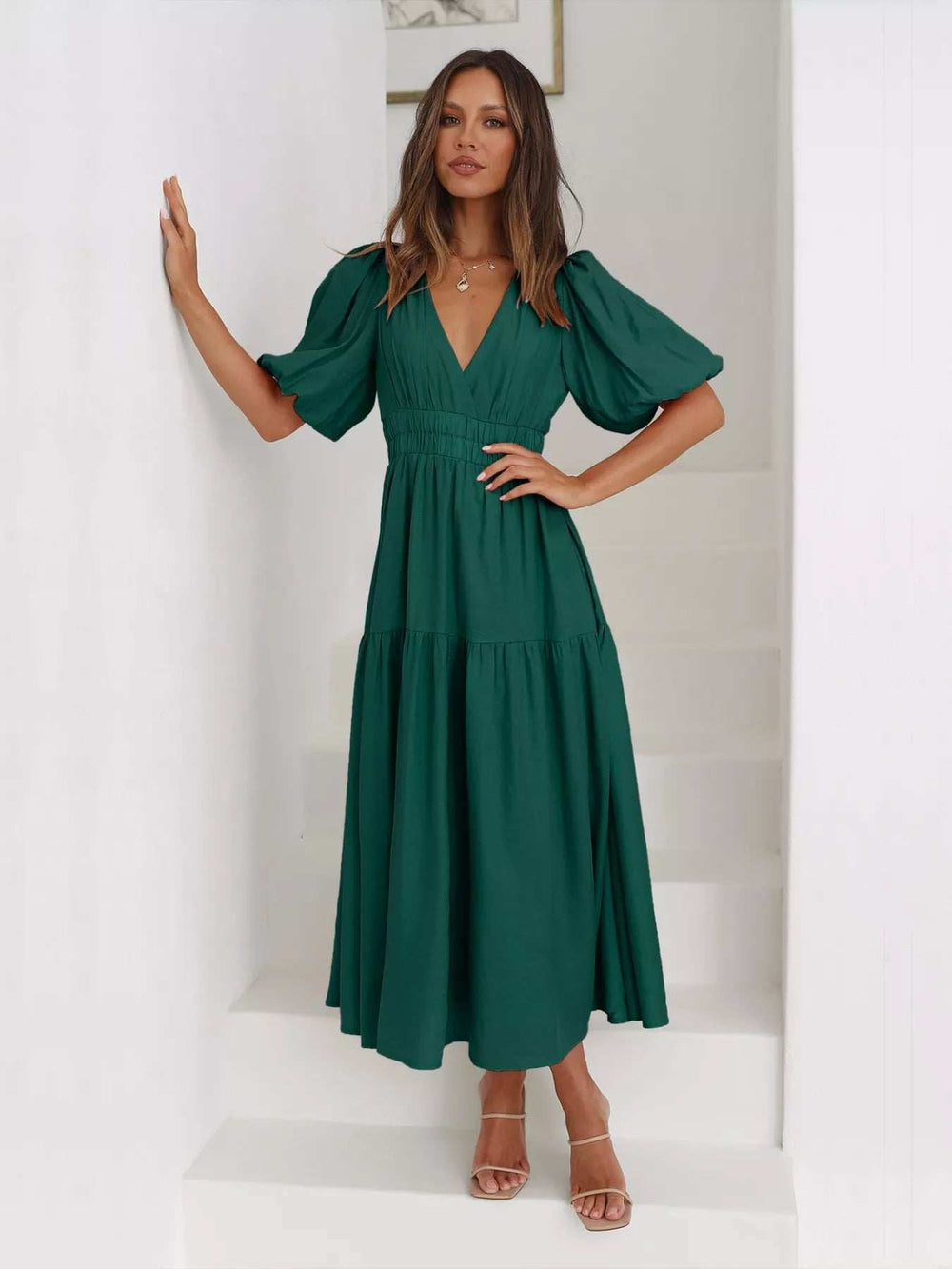 Tiered Puff Sleeve Midi Dress - Trendsi - Flyclothing LLC