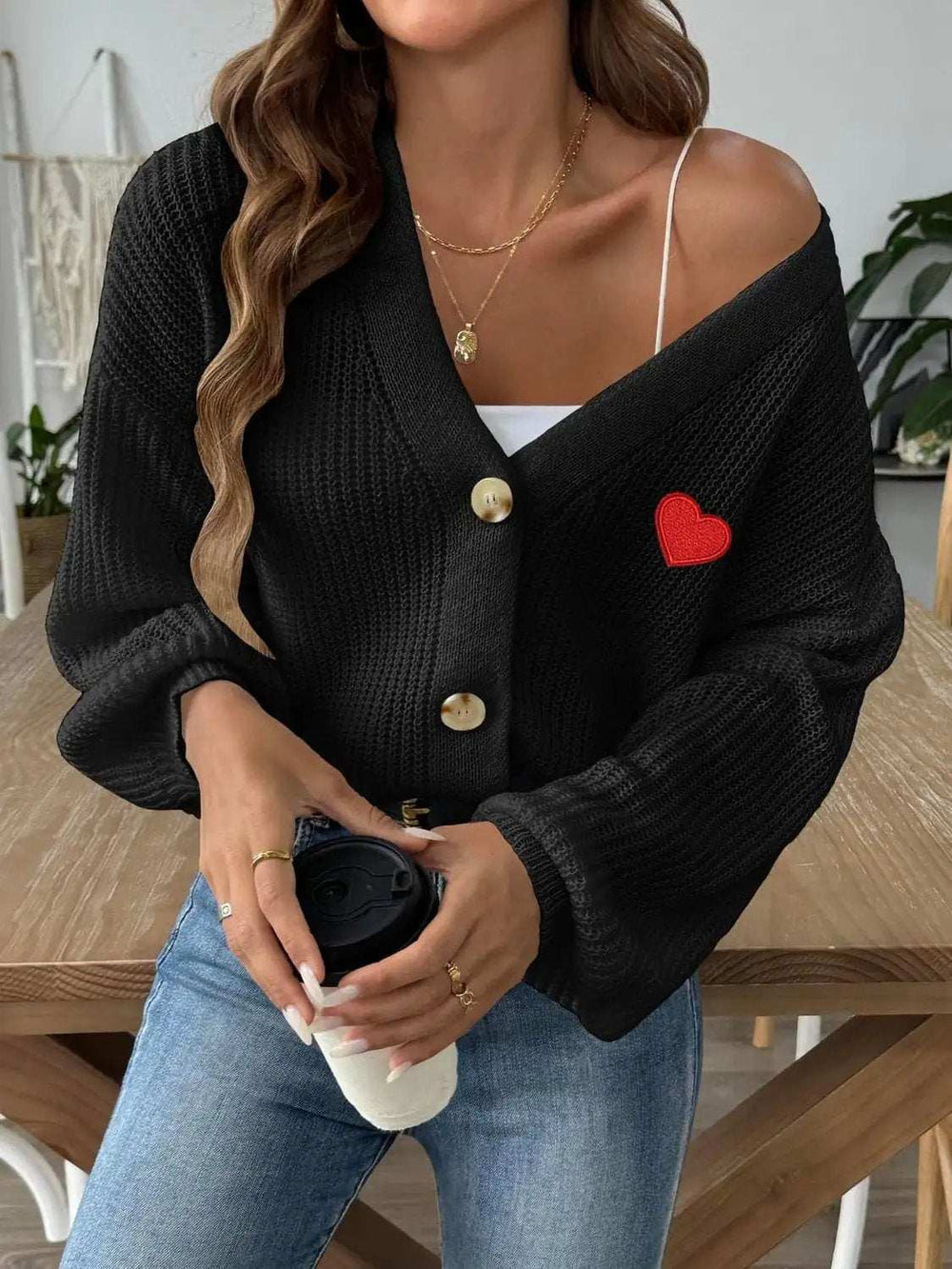 Heart Button Down V-Neck Long Sleeve Cardigan - Trendsi - Flyclothing LLC