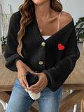 Heart Button Down V-Neck Long Sleeve Cardigan - Trendsi