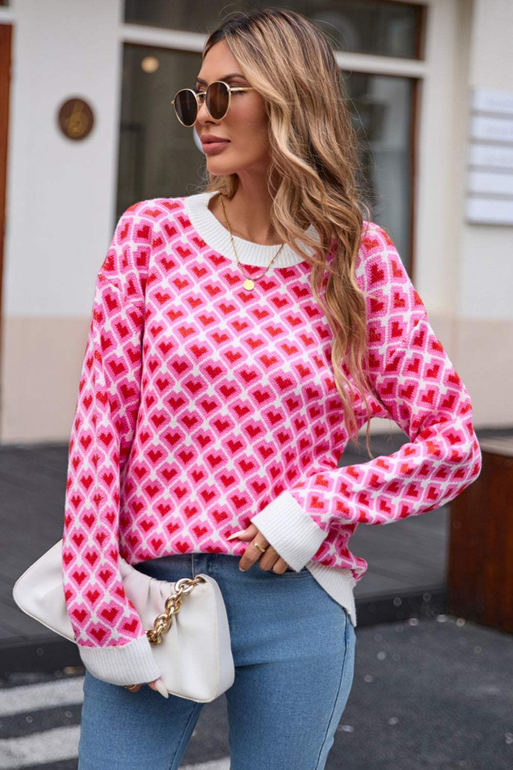 Angel Wings Contrast Round Neck Dropped Shoulder Sweater - Trendsi - Flyclothing LLC